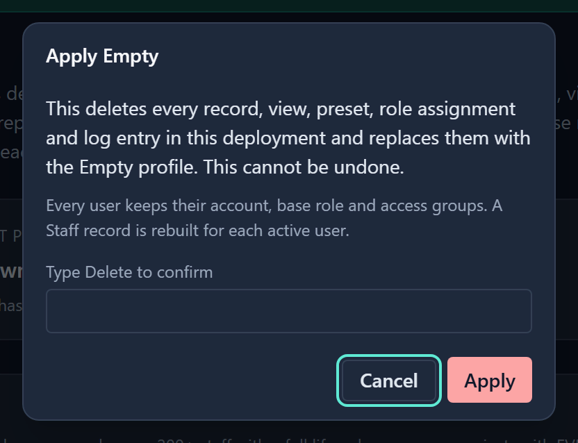 The Apply Empty dialog listing what is deleted and kept, with the Type Delete to confirm box empty and Cancel and Apply buttons