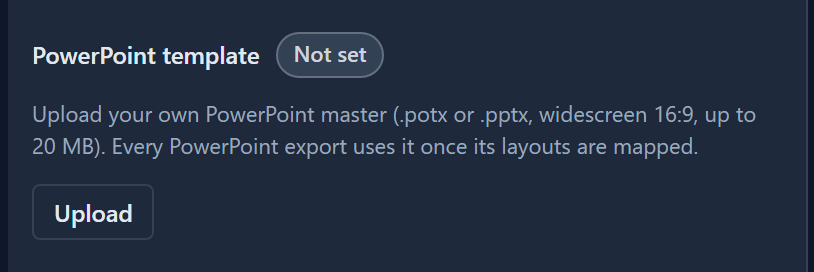 The PowerPoint template card with the Not set badge and an Upload button