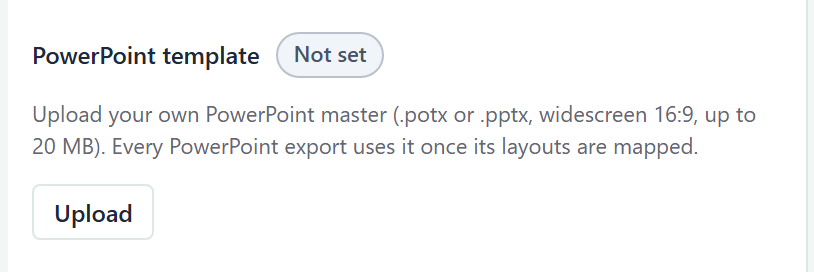 The PowerPoint template card with the Not set badge and an Upload button