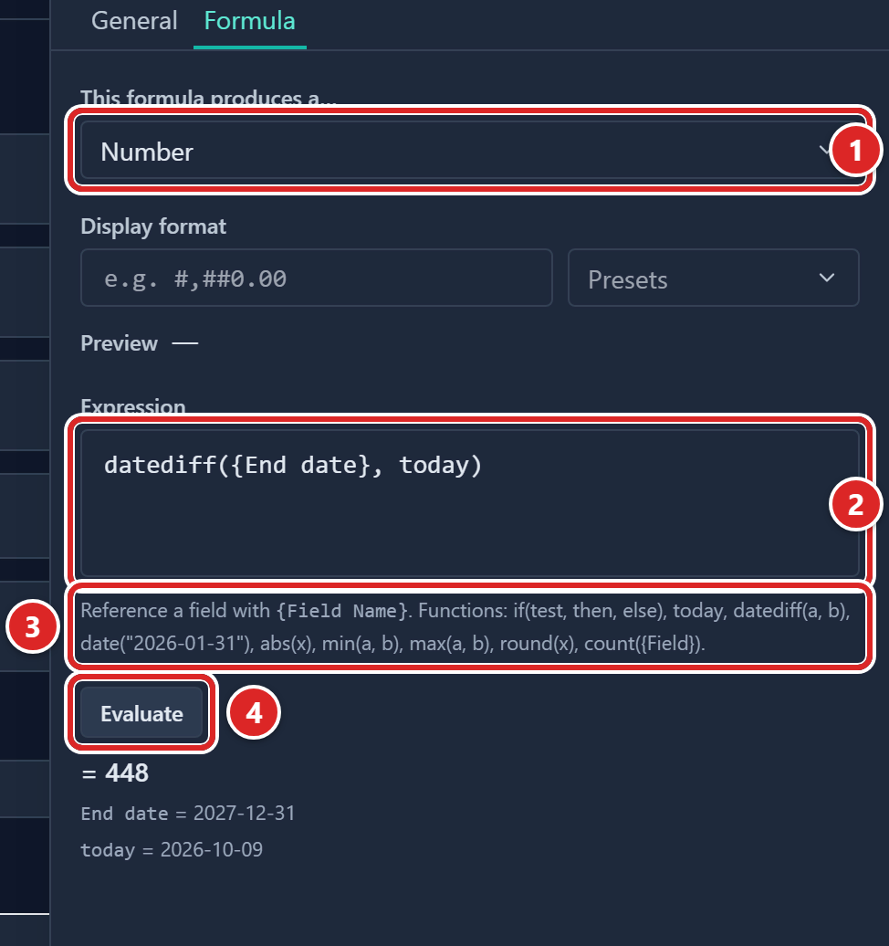 The Formula tab of Field settings with the result type, the Expression box, the help line and the Evaluate result numbered
