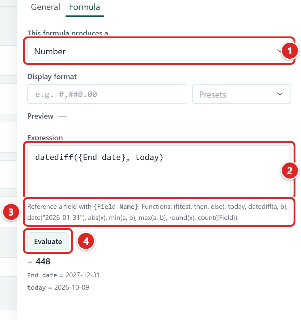 The Formula tab of Field settings with the result type, the Expression box, the help line and the Evaluate result numbered