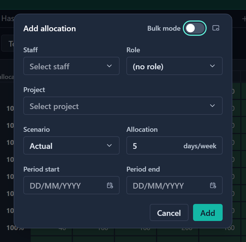 The Add allocation dialog with Staff, Role, Project, Scenario, Allocation and period fields