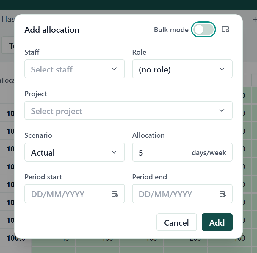 The Add allocation dialog with Staff, Role, Project, Scenario, Allocation and period fields