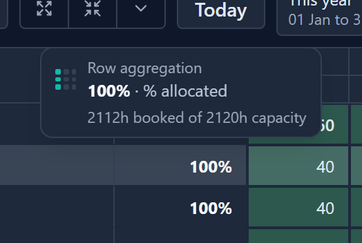 The tip over a row aggregation cell, naming the function and what it covers