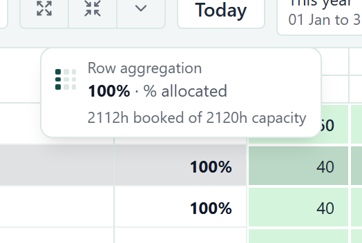 The tip over a row aggregation cell, naming the function and what it covers