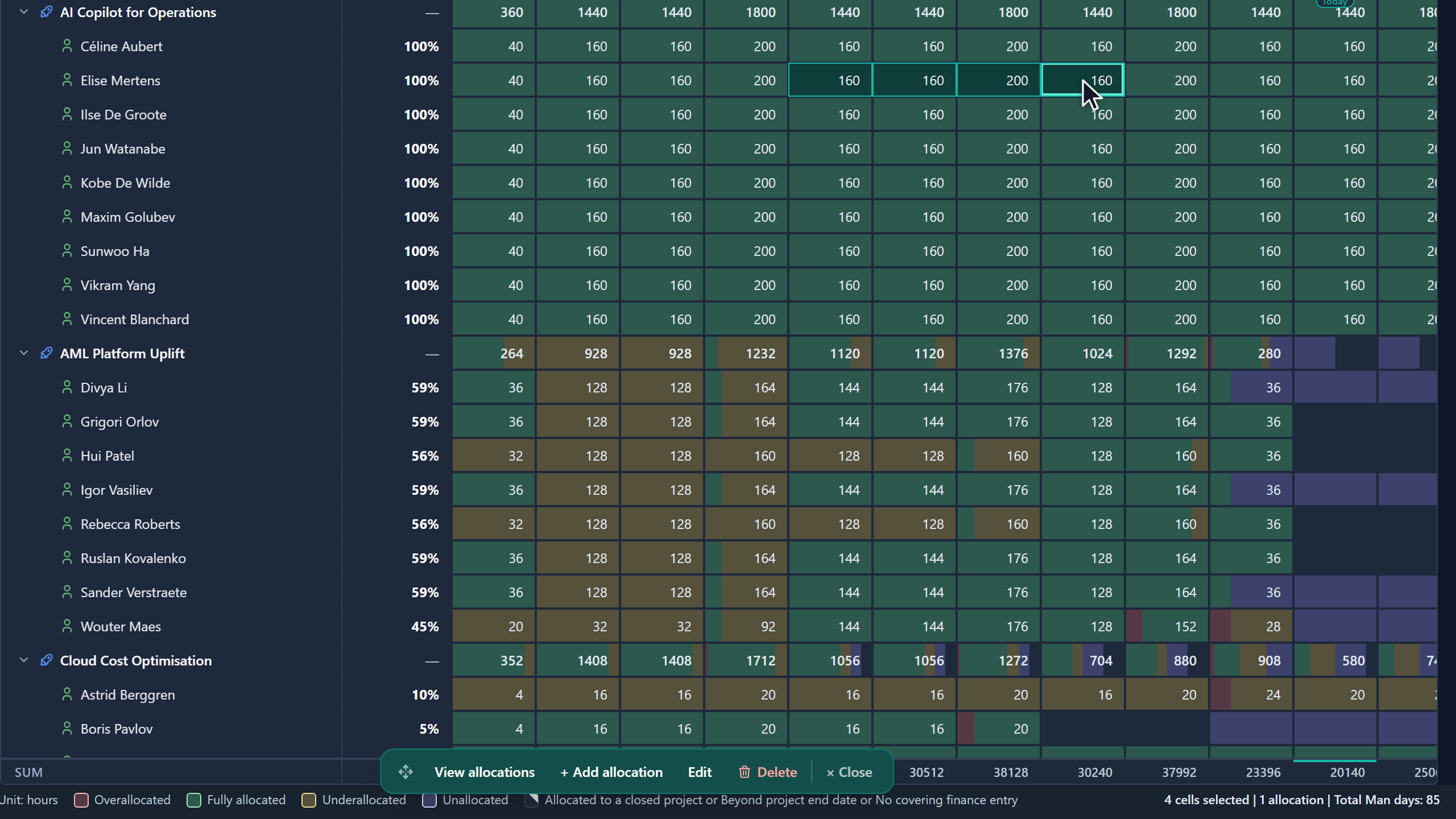 Clicking one cell, then Shift-clicking a cell further along the row, which selects four cells and shows the selection bar