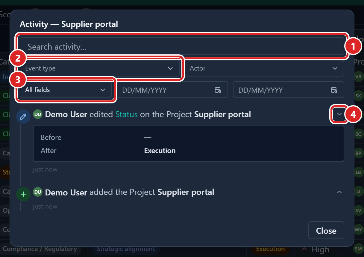 The Activity dialog for a record with four numbered areas: the search box, the event type and actor filters, the field and date filters, and an edit entry with its Before and After values shown