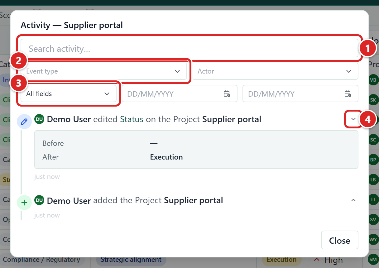 The Activity dialog for a record with four numbered areas: the search box, the event type and actor filters, the field and date filters, and an edit entry with its Before and After values shown