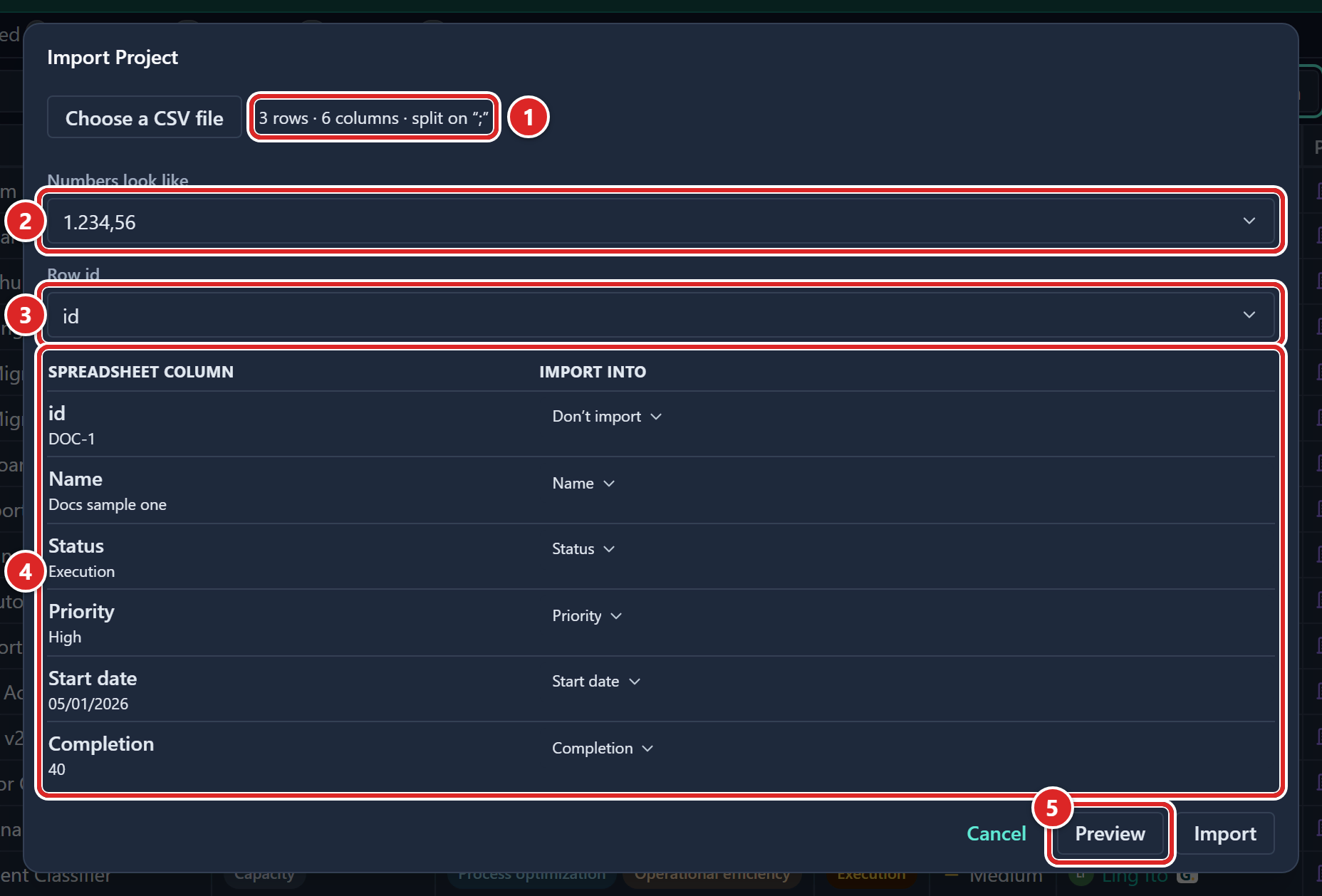 The Import Project dialog after a file is chosen, with five numbered areas: the file summary, Numbers look like, Row id, the column mapping table and the Preview button
