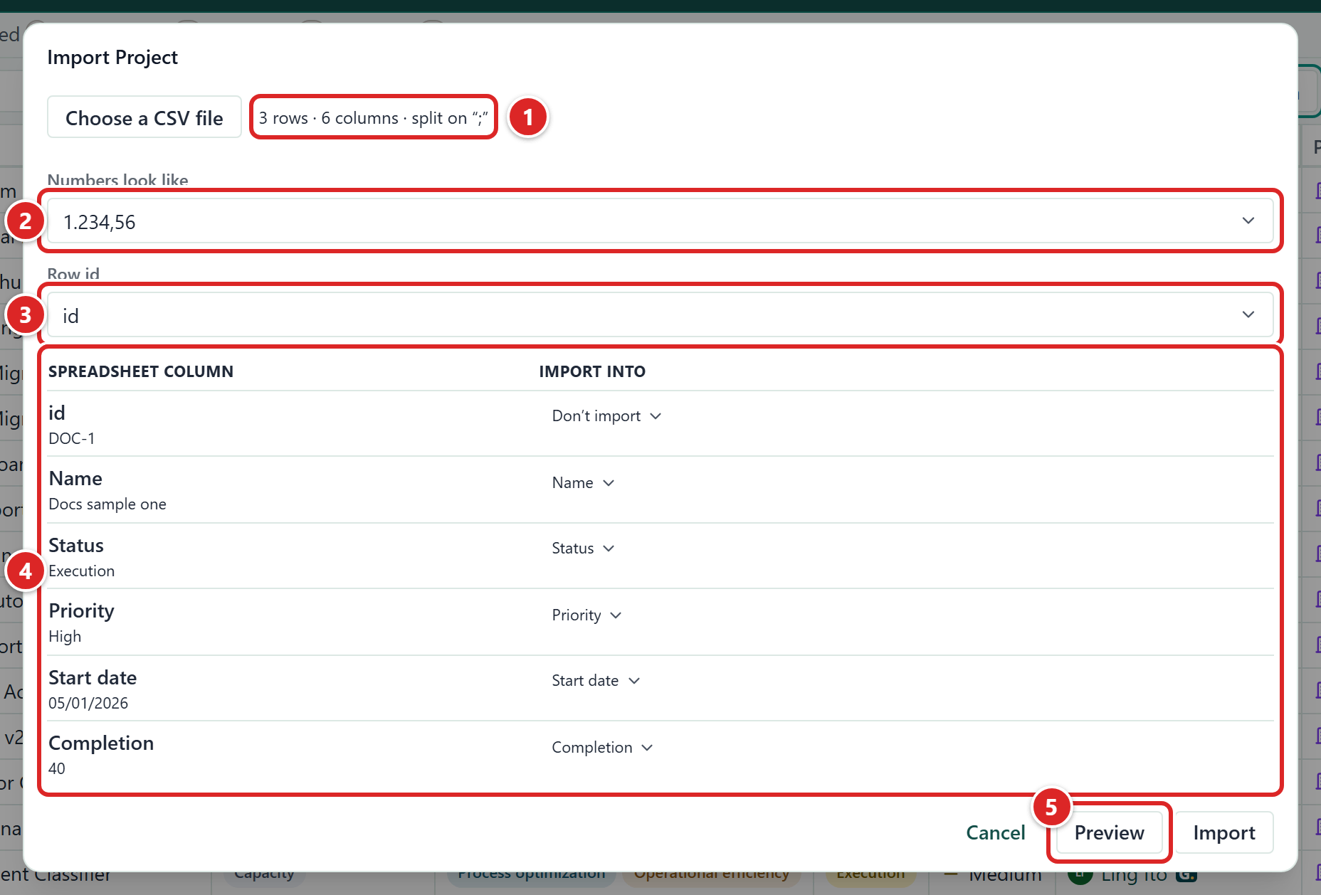 The Import Project dialog after a file is chosen, with five numbered areas: the file summary, Numbers look like, Row id, the column mapping table and the Preview button