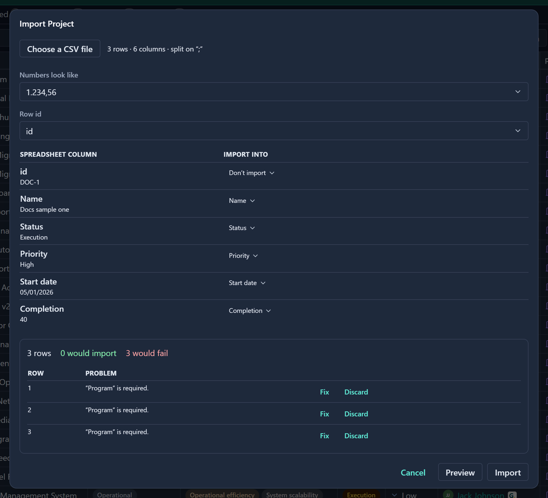 The import dialog after a preview, showing 3 rows, 0 would import and 3 would fail, with each failed row listed with its problem and the Fix and Discard buttons