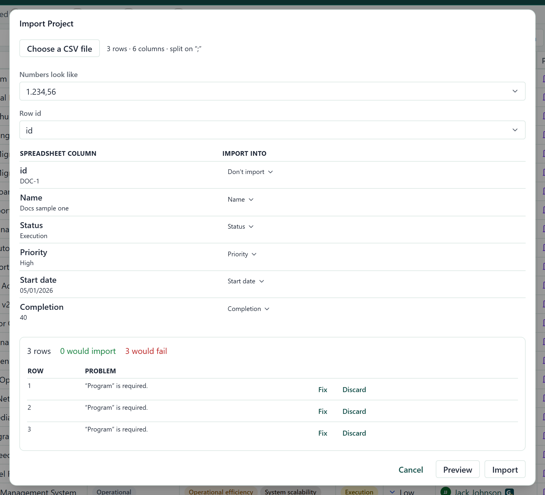 The import dialog after a preview, showing 3 rows, 0 would import and 3 would fail, with each failed row listed with its problem and the Fix and Discard buttons