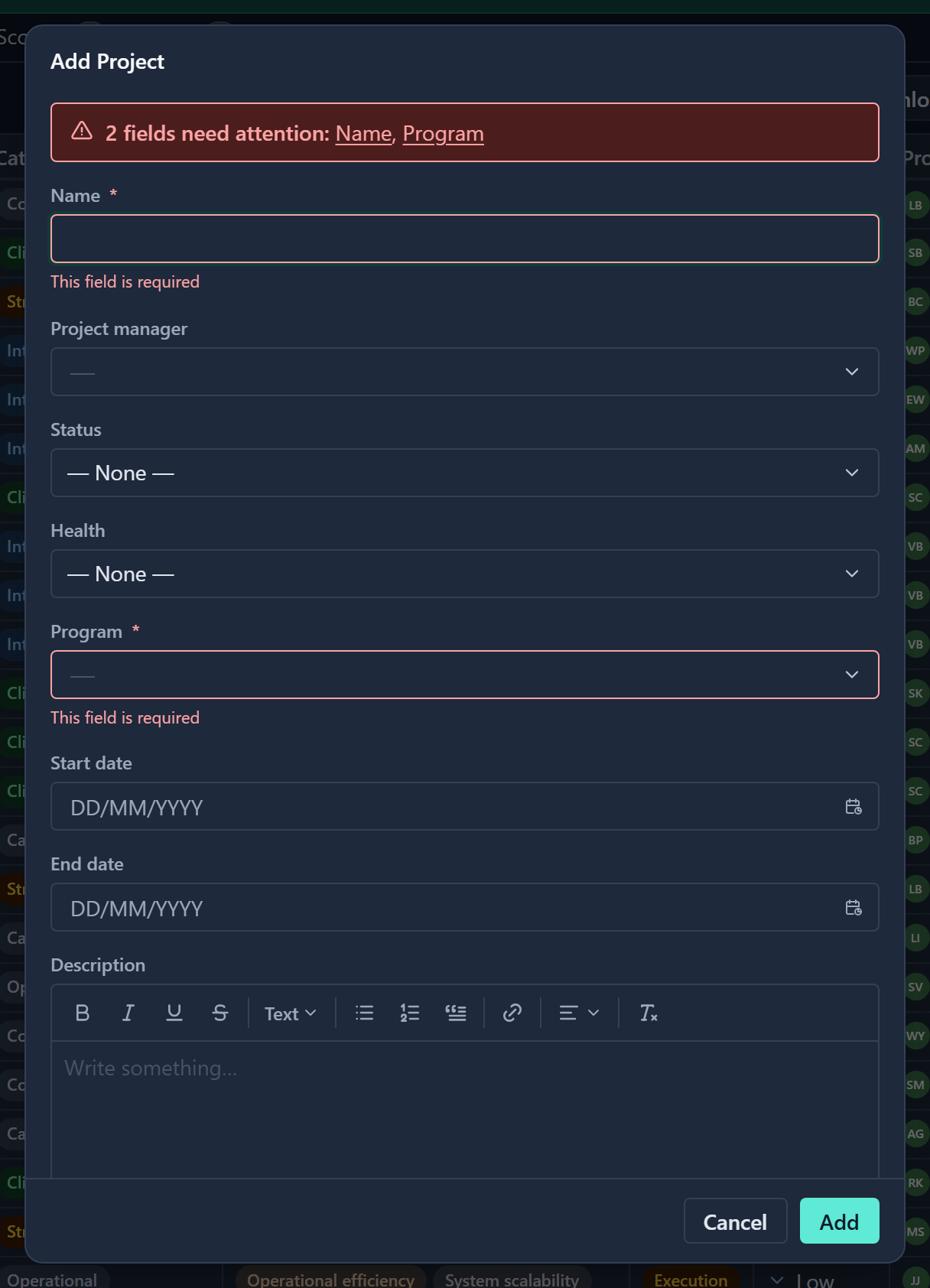 The Add Project dialog after clicking Add with Name and Program empty, showing the summary 2 fields need attention and a message under each field