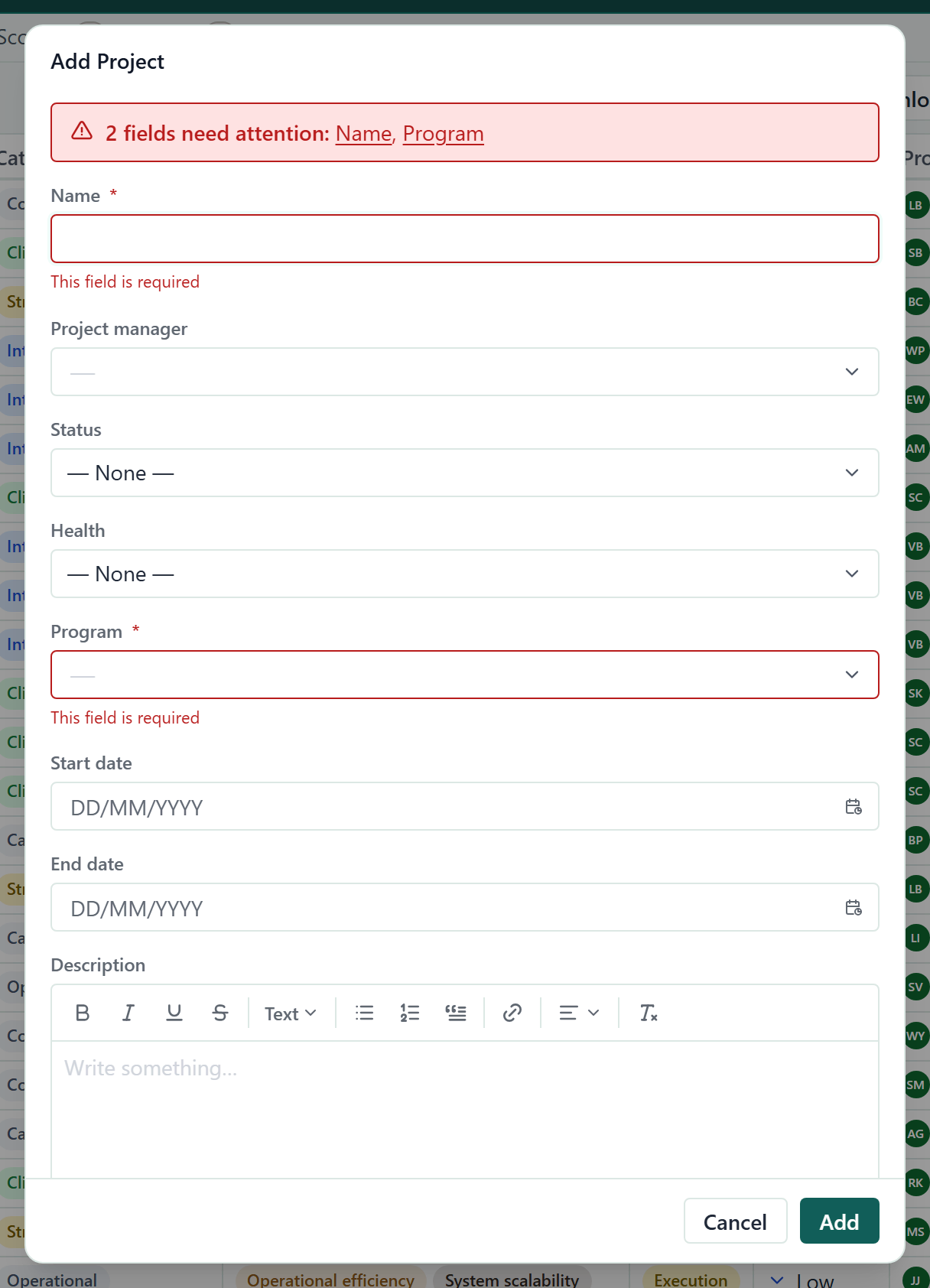 The Add Project dialog after clicking Add with Name and Program empty, showing the summary 2 fields need attention and a message under each field